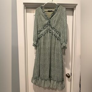 Green Printed Midi Dress with Ruffle Trim